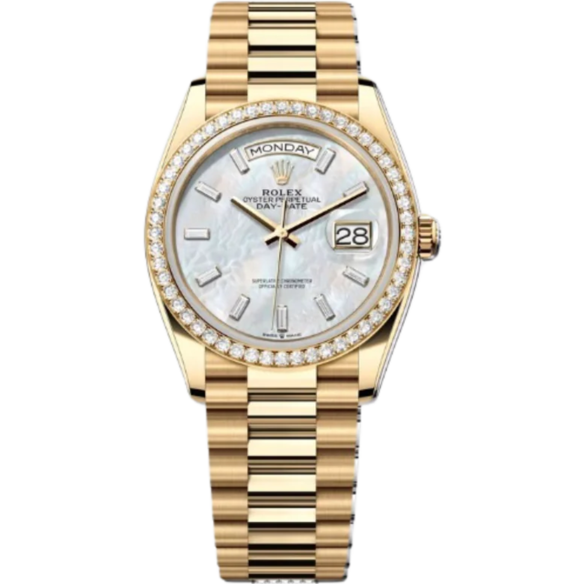 Rolex Day-Date Ref. 128348RBR 36MM Yellow Gold Case Mother of Pearl Dial with Baguette Diamonds and Diamond Set Bezel - Rolex