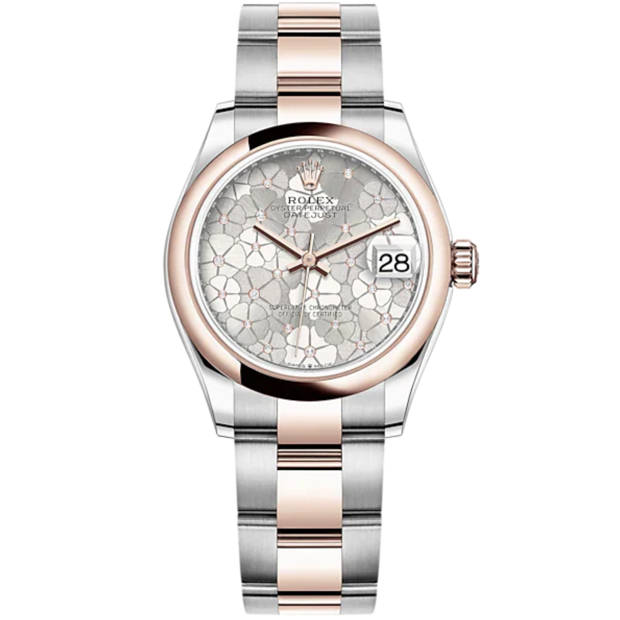 Datejust 31 31mm Oyster Bracelet Oystersteel and Everose Gold with Silver Floral-Motif Dial Diamond-Set Bezel - Rolex