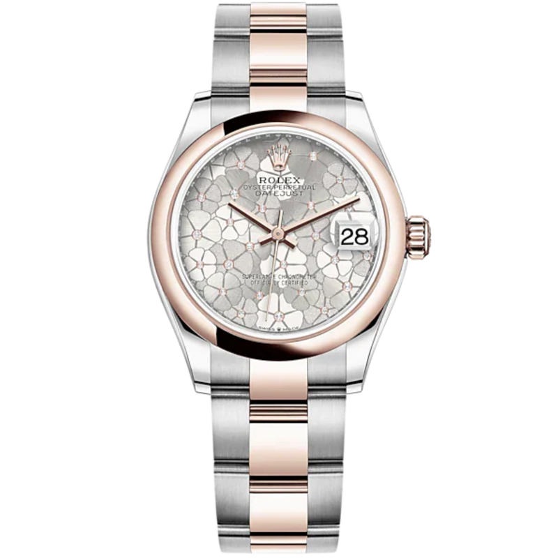 Datejust 31 31mm Oyster Bracelet Oystersteel and Everose Gold with Silver Floral-Motif Dial Diamond-Set Bezel - Rolex