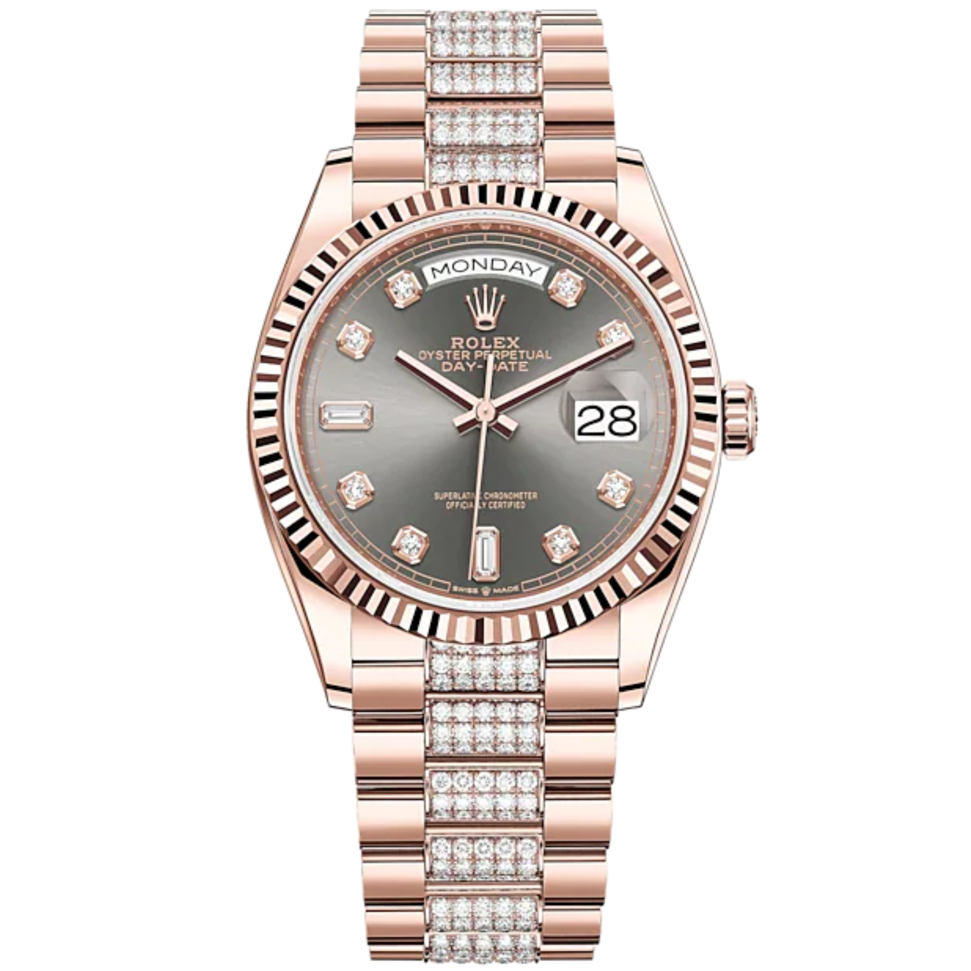 Day-Date 36 36mm Diamond-Set President Bracelet and 18 KT Everose Gold with Slate Dial Diamond-Set Dial Fluted Bezel - Rolex