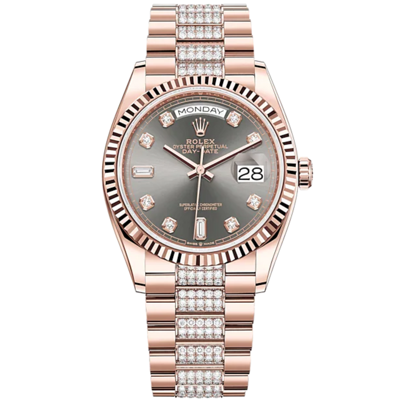 Day-Date 36 36mm Diamond-Set President Bracelet and 18 KT Everose Gold with Slate Dial Diamond-Set Dial Fluted Bezel - Rolex
