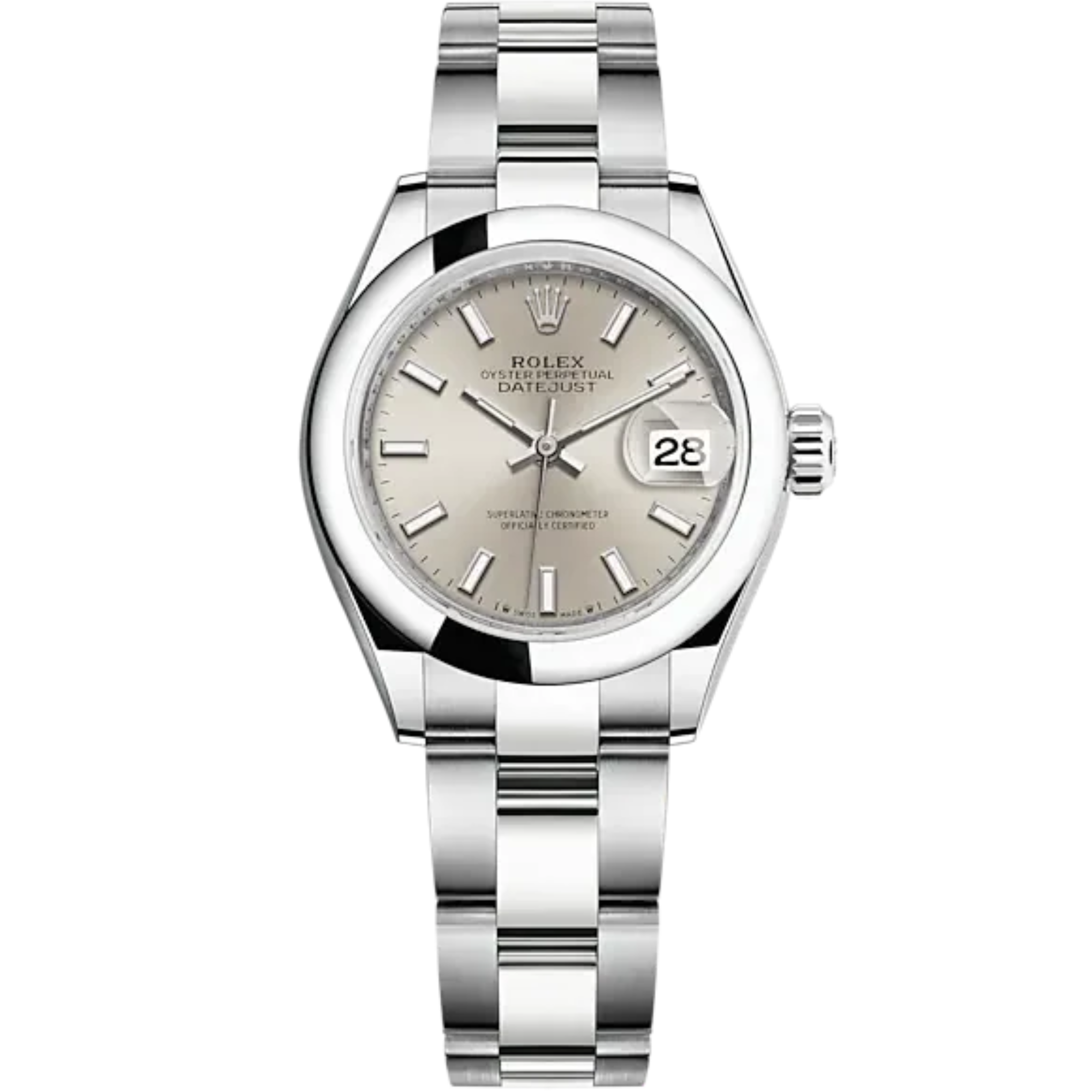 Lady-DateJust 28mm Oyster Bracelet and Oystersteel with Silver Dial Domed Bezel - Rolex