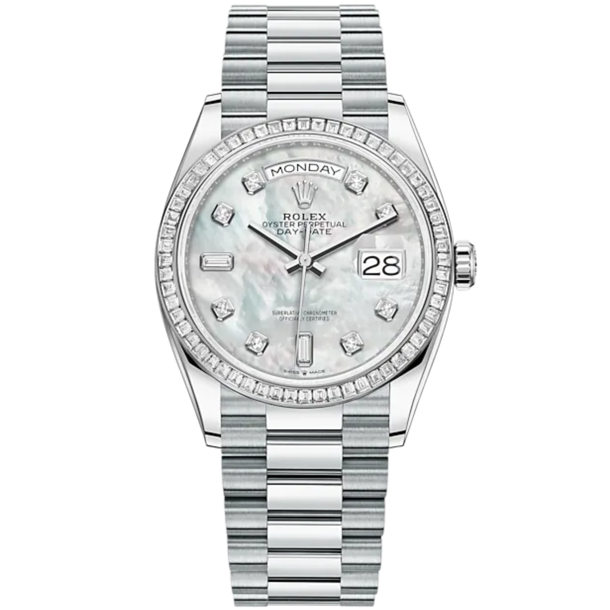 Day-Date 36 36mm President Bracelet and 18 KT White Gold with White Mother-of-Pearl Dial Diamond-Set Dial and Bezel - Rolex
