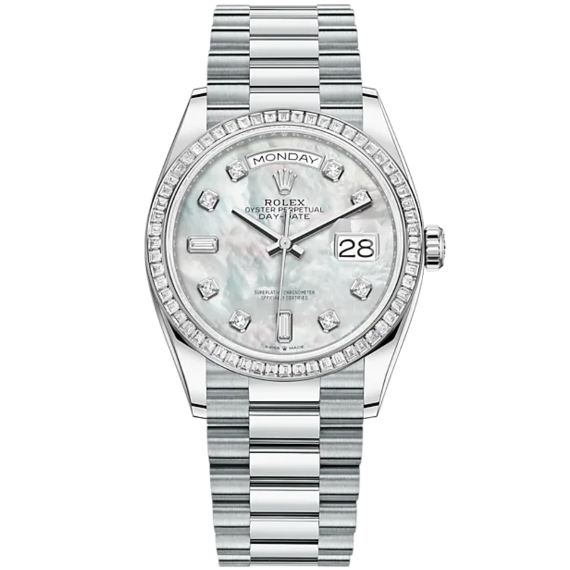 Day-Date 36 36mm President Bracelet and 18 KT White Gold with White Mother-of-Pearl Dial Diamond-Set Dial and Bezel - Rolex