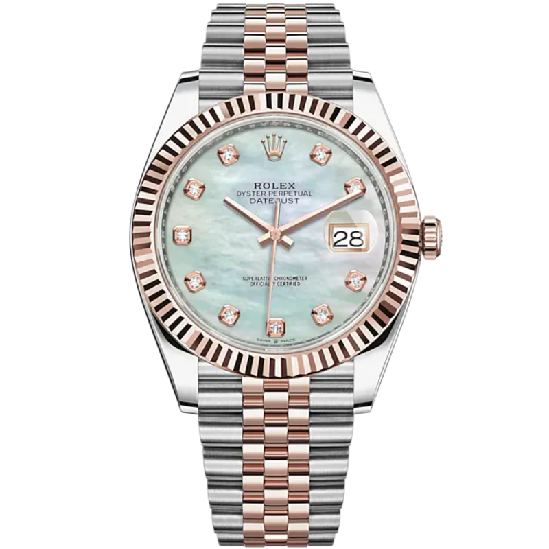 Datejust 41 41mm Jubilee Bracelet Oystersteel and Everose Gold with White Mother-Of-Pearl Diamond-Set Dial Fluted Bezel - Rolex