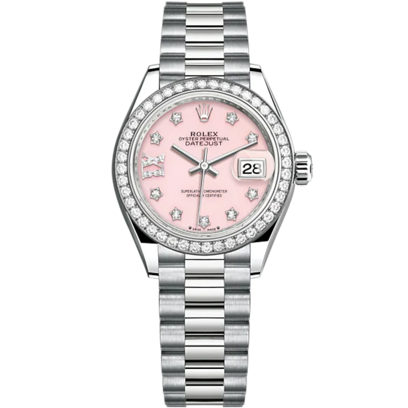 Lady-DateJust 28mm President Bracelet and 18 KT White Gold with Pink Opal Dial Diamond-Set Dial and Diamond-Set Bezel - Rolex