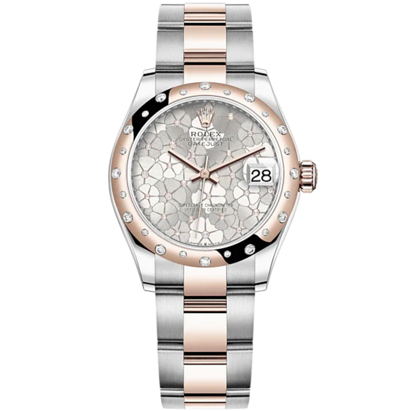 Datejust 31 31mm Oyster Bracelet Oystersteel and Everose Gold with Silver Floral-Motif Diamond-Set Dial Diamond-Set Bezel - Rolex