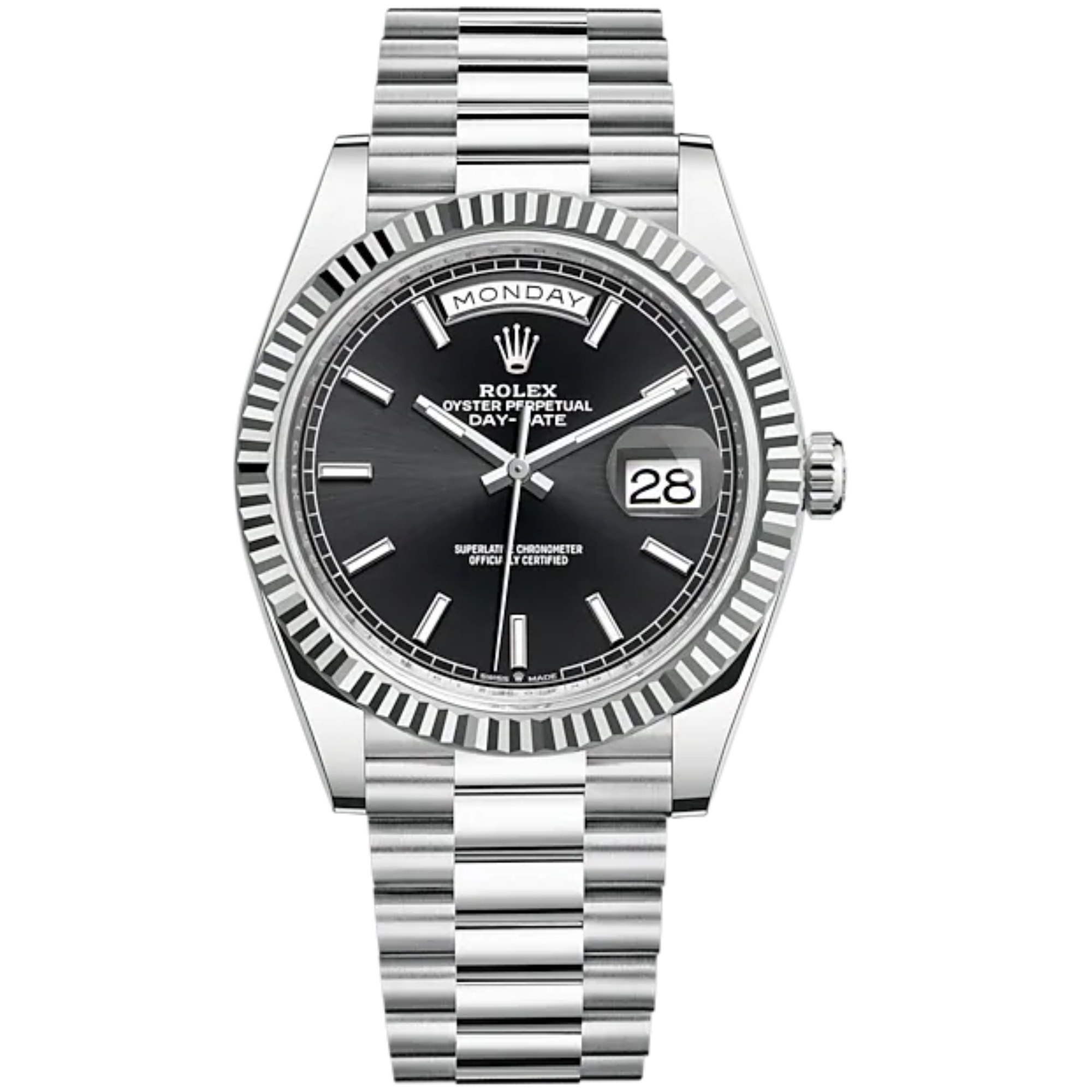 Day-Date 40 40mm President Bracelet and 18 KT White Gold with Bright Black Dial and Fluted Bezel - Rolex