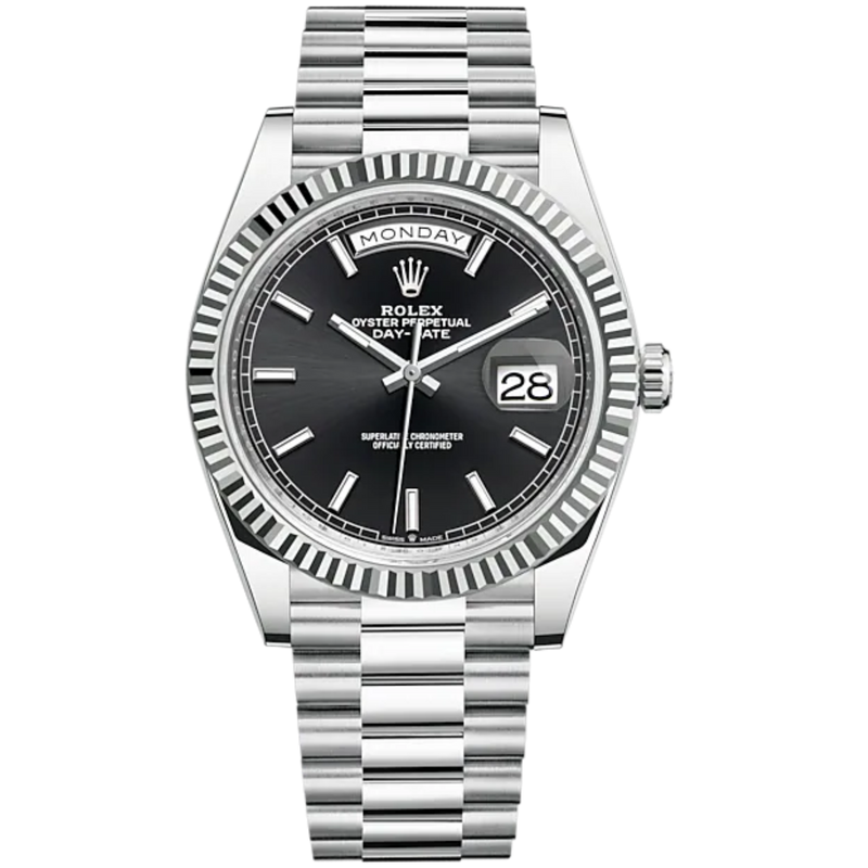 Day-Date 40 40mm President Bracelet and 18 KT White Gold with Bright Black Dial and Fluted Bezel - Rolex