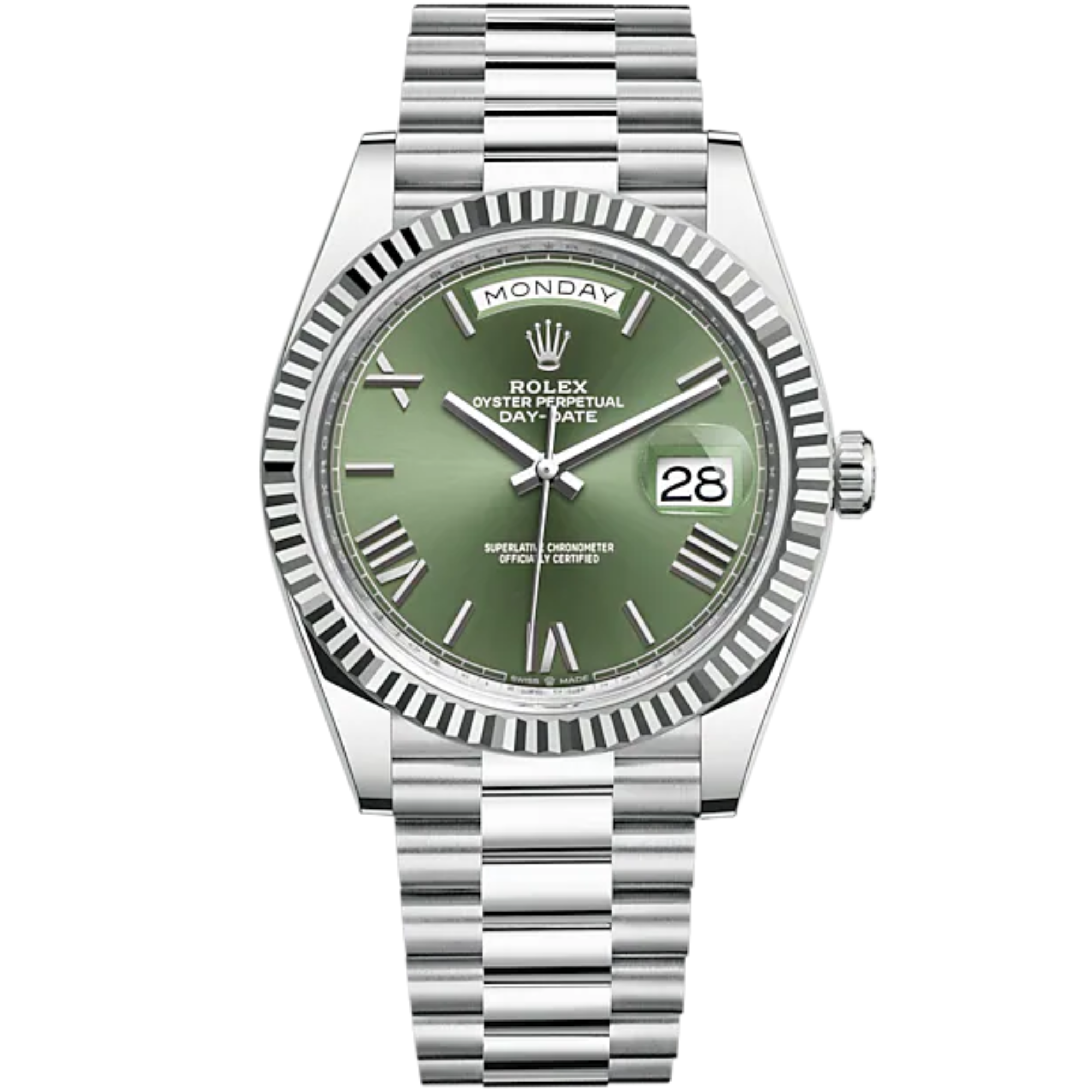 Day-Date 40 40mm President Bracelet and 18 KT White Gold with Olive Green Dial and Fluted Bezel - Rolex