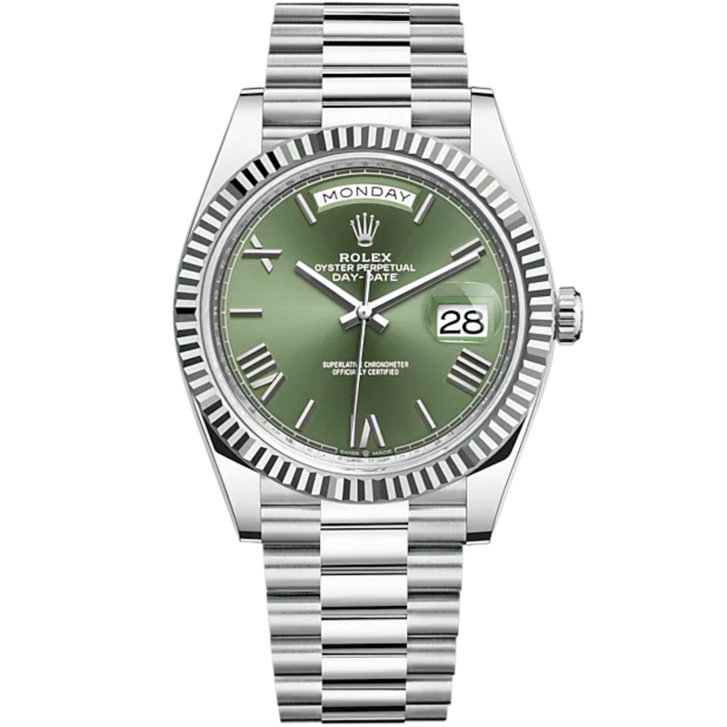 Day-Date 40 40mm President Bracelet and 18 KT White Gold with Olive Green Dial and Fluted Bezel - Rolex