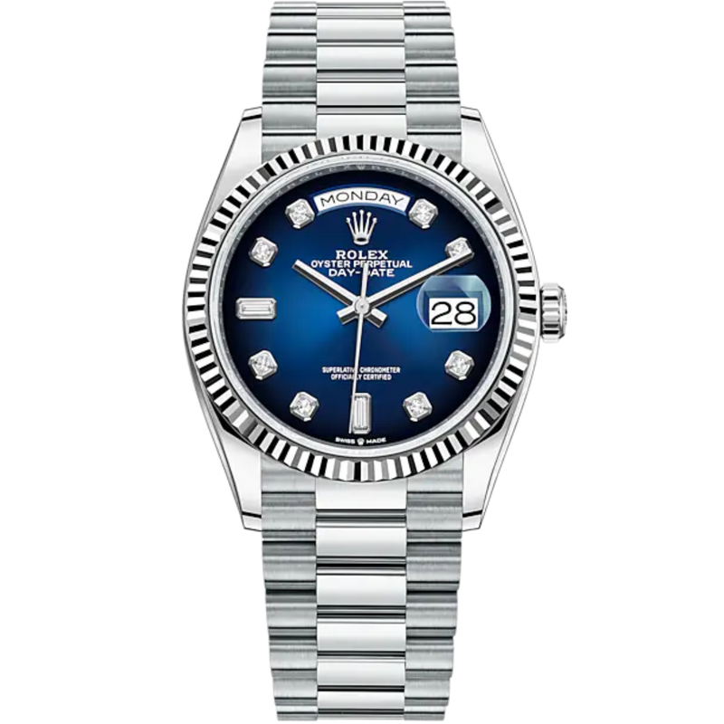 Day-Date 36 36mm President Bracelet and 18 KT White Gold with Blue Ombré Dial Diamond-Set Dial Fluted Bezel - Rolex