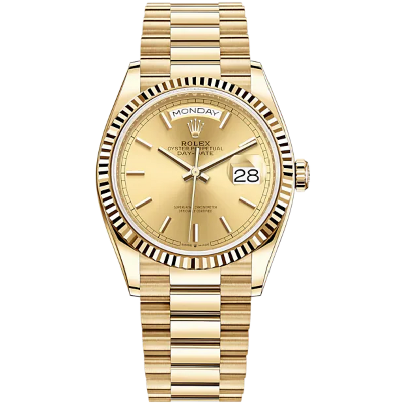 Day-Date 36 36mm President Bracelet and 18 KT Yellow Gold with Champagne-Colour Dial Fluted Bezel - Rolex