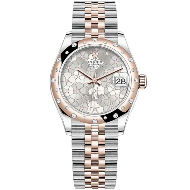 Datejust 31 31mm Jubilee Bracelet Oystersteel and Everose Gold with Silver Floral-Motif Diamond-Set Dial Diamond-Set Bezel - Rolex