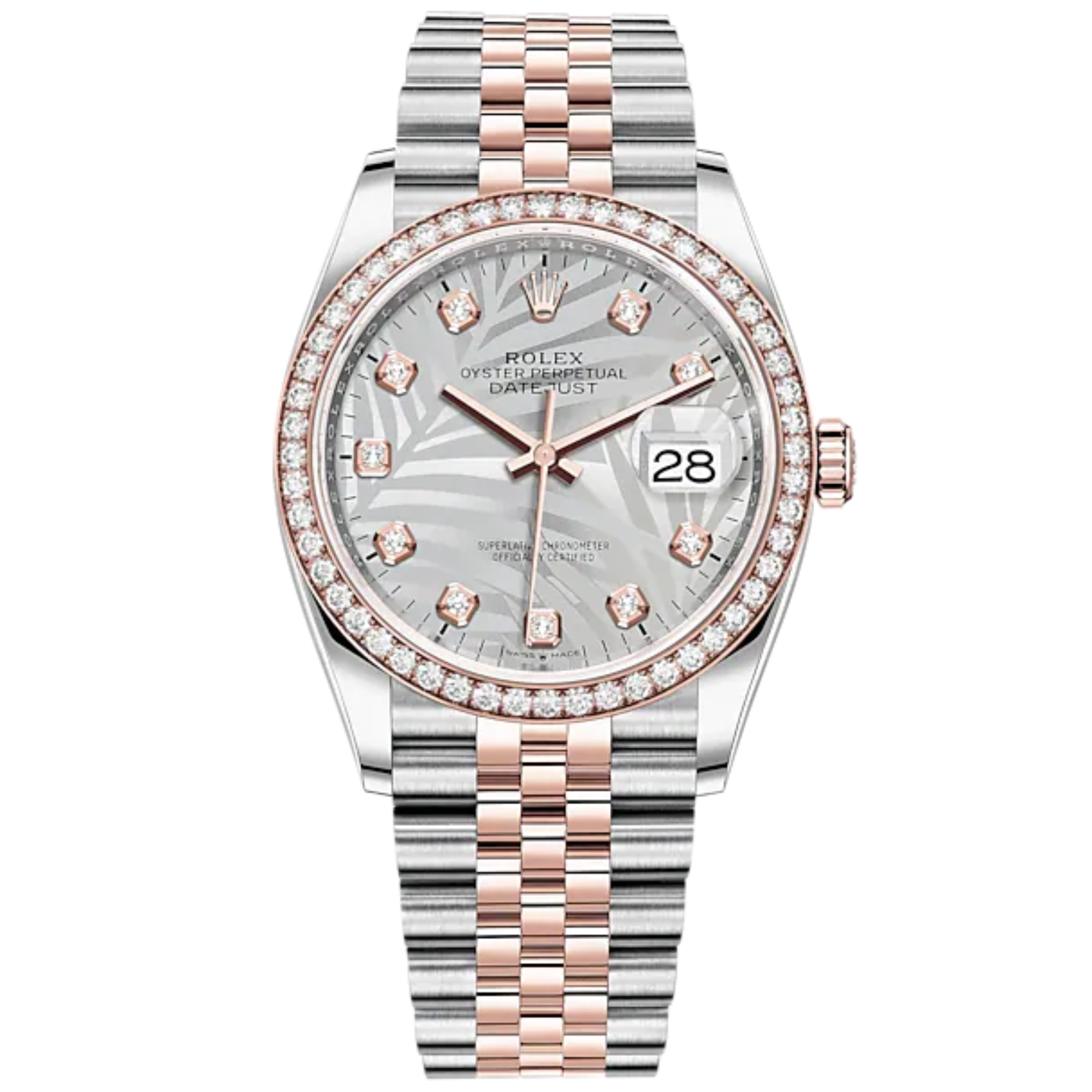 Datejust 36 36mm Oystersteel Everose Gold Jubilee Bracelet Silver Palm-Motif Diamond-set Dial Diamond-set Bezel - Rolex