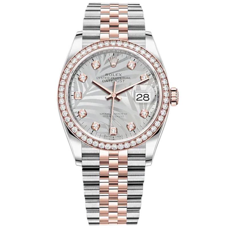 Datejust 36 36mm Oystersteel Everose Gold Jubilee Bracelet Silver Palm-Motif Diamond-set Dial Diamond-set Bezel - Rolex