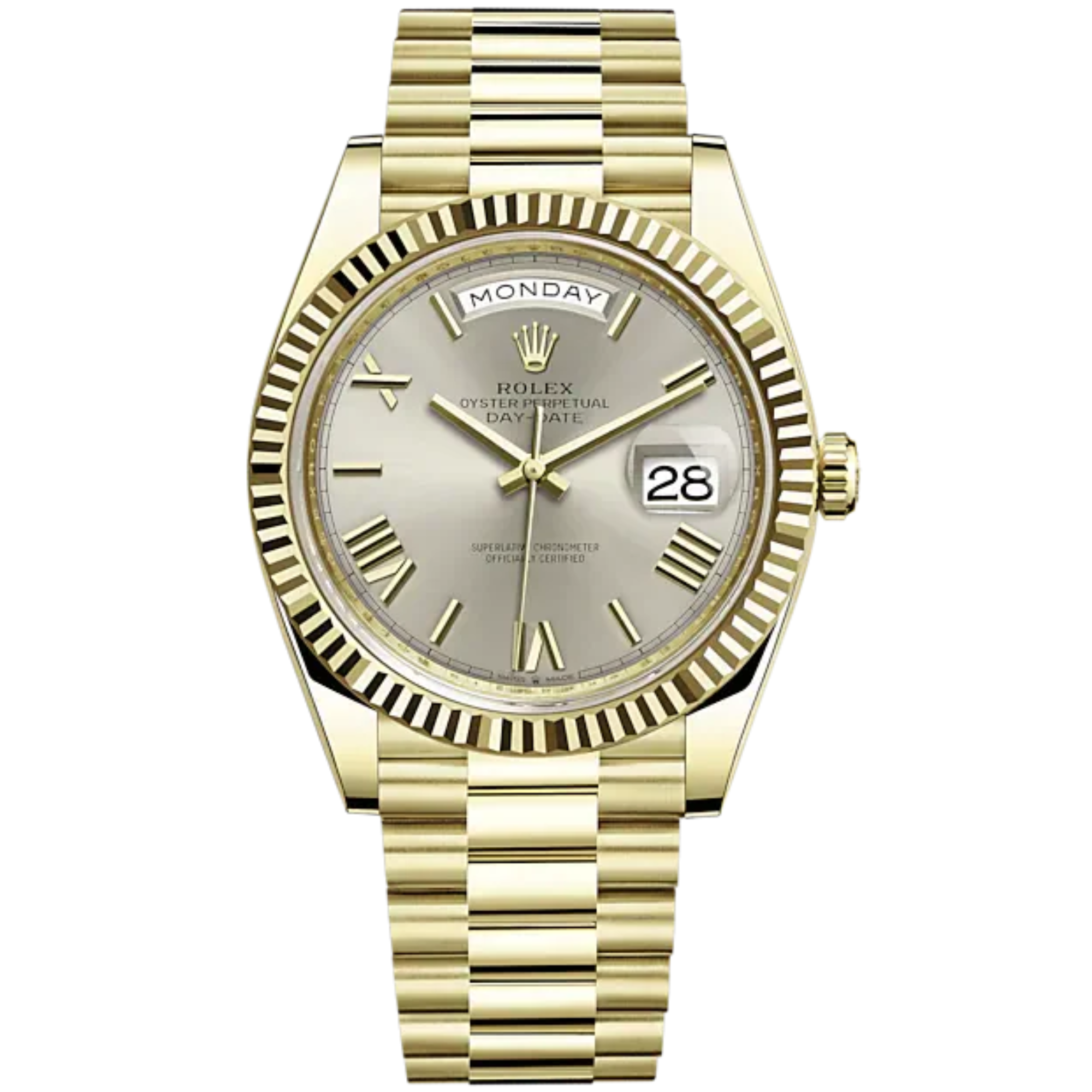 Rolex Day-Date Ref. 228238 40mm Yellow Gold with Silver Roman Dial Fluted Bezel - Rolex