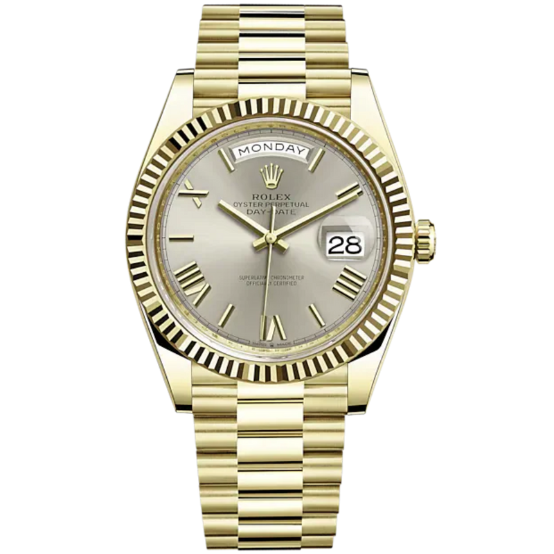 Rolex Day-Date Ref. 228238 40mm Yellow Gold with Silver Roman Dial Fluted Bezel - Rolex