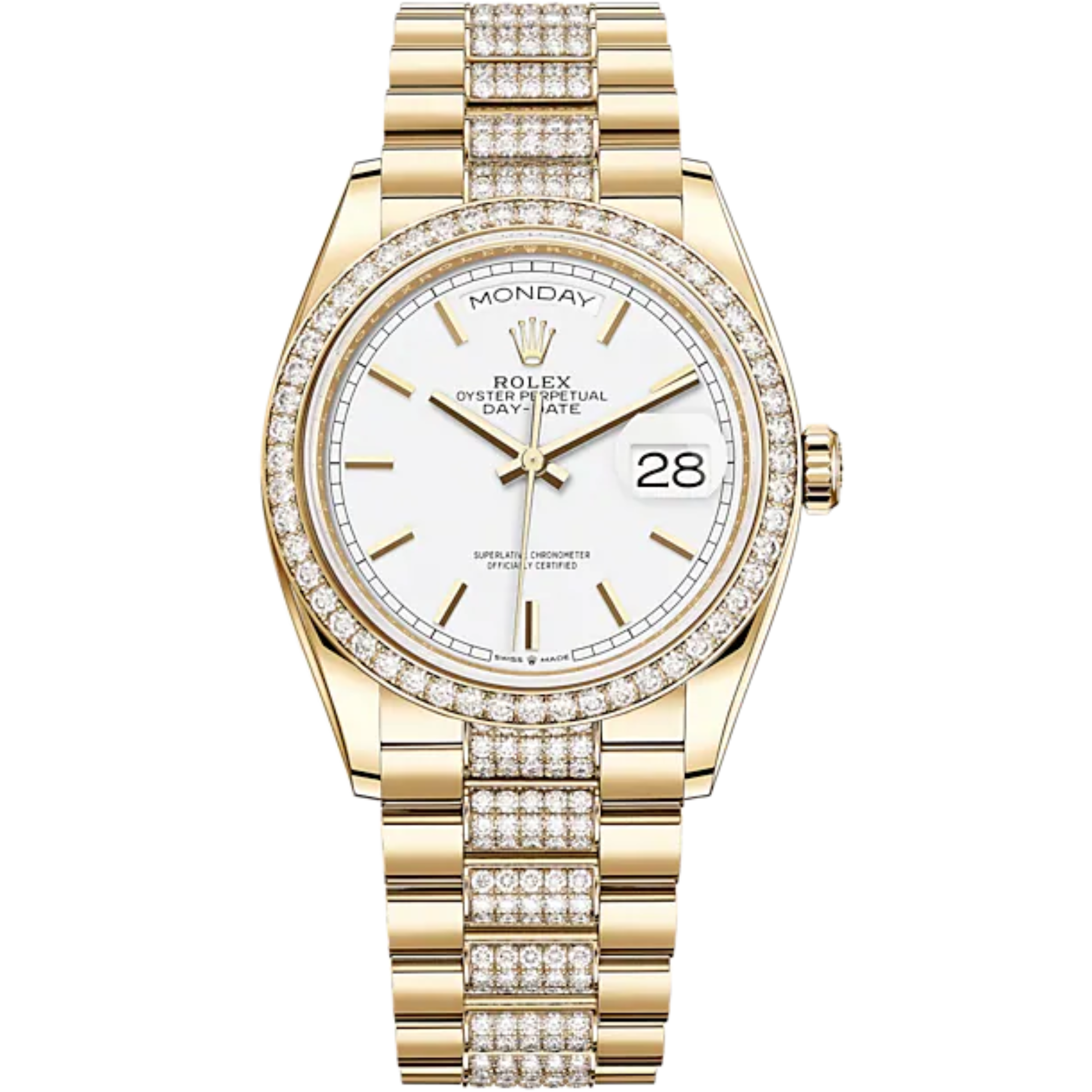 Day-Date 36 36mm Diamond-Set President Bracelet and 18 KT Yellow Gold with White Dial Diamond-Set Bezel - Rolex