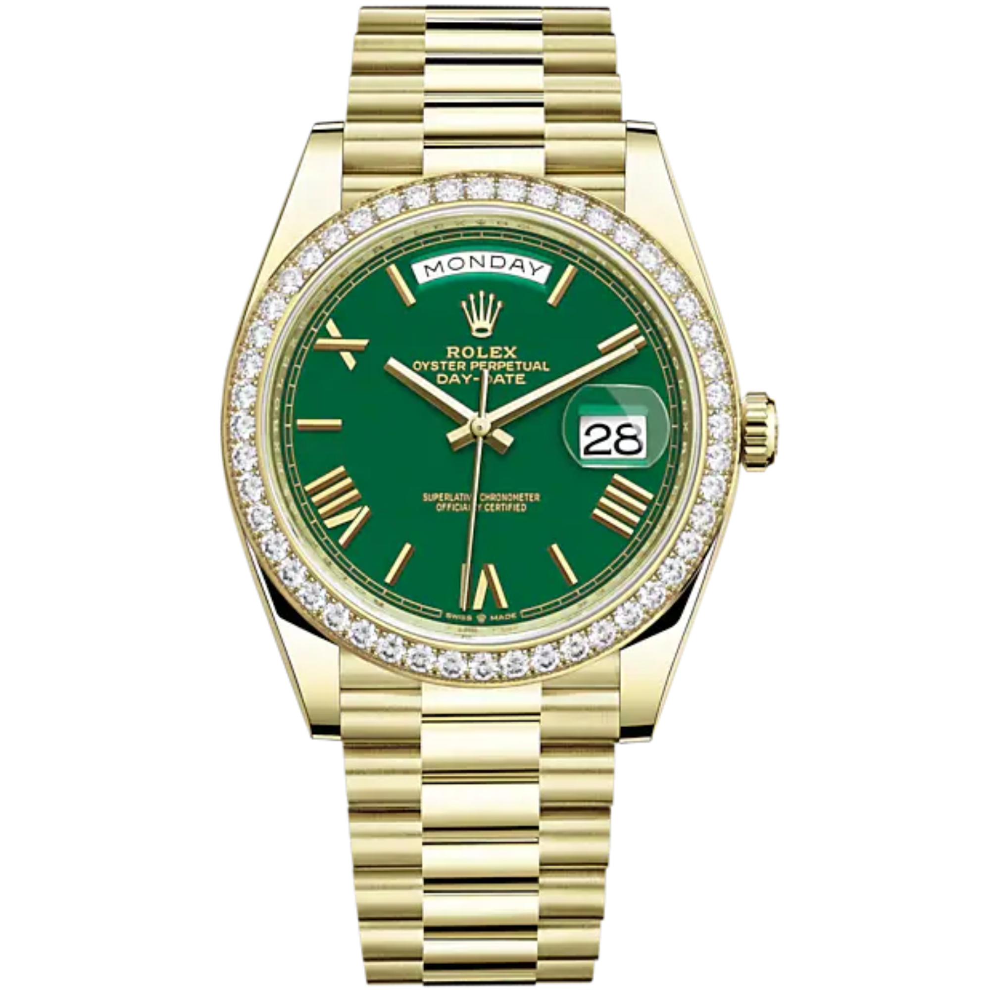 Day-Date 40 40mm President Bracelet and 18 KT Yellow Gold with Green Dial and Diamond-Set Bezel - Rolex