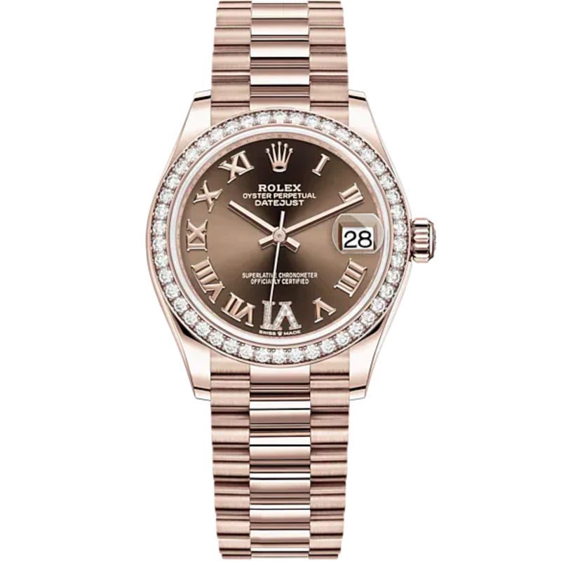 Datejust 31 31mm President Bracelet and 18 CT Everose Gold with Chocolate Diamond Dial Diamond-Set Bezel - Rolex