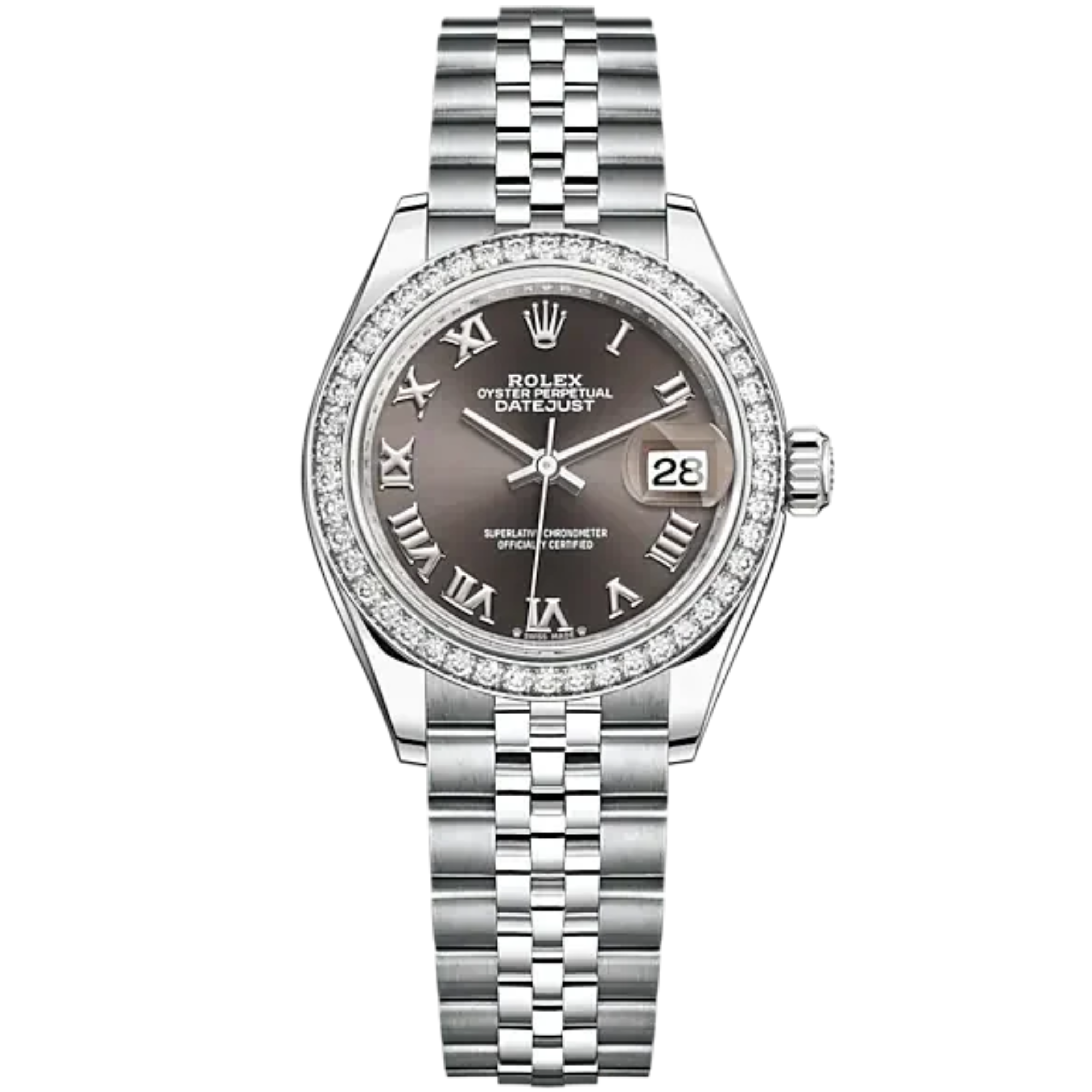 Lady-DateJust 28mm Oystersteel Jubilee Bracelet and White Gold with Dark Grey Dial Diamond-Set Bezel - Rolex