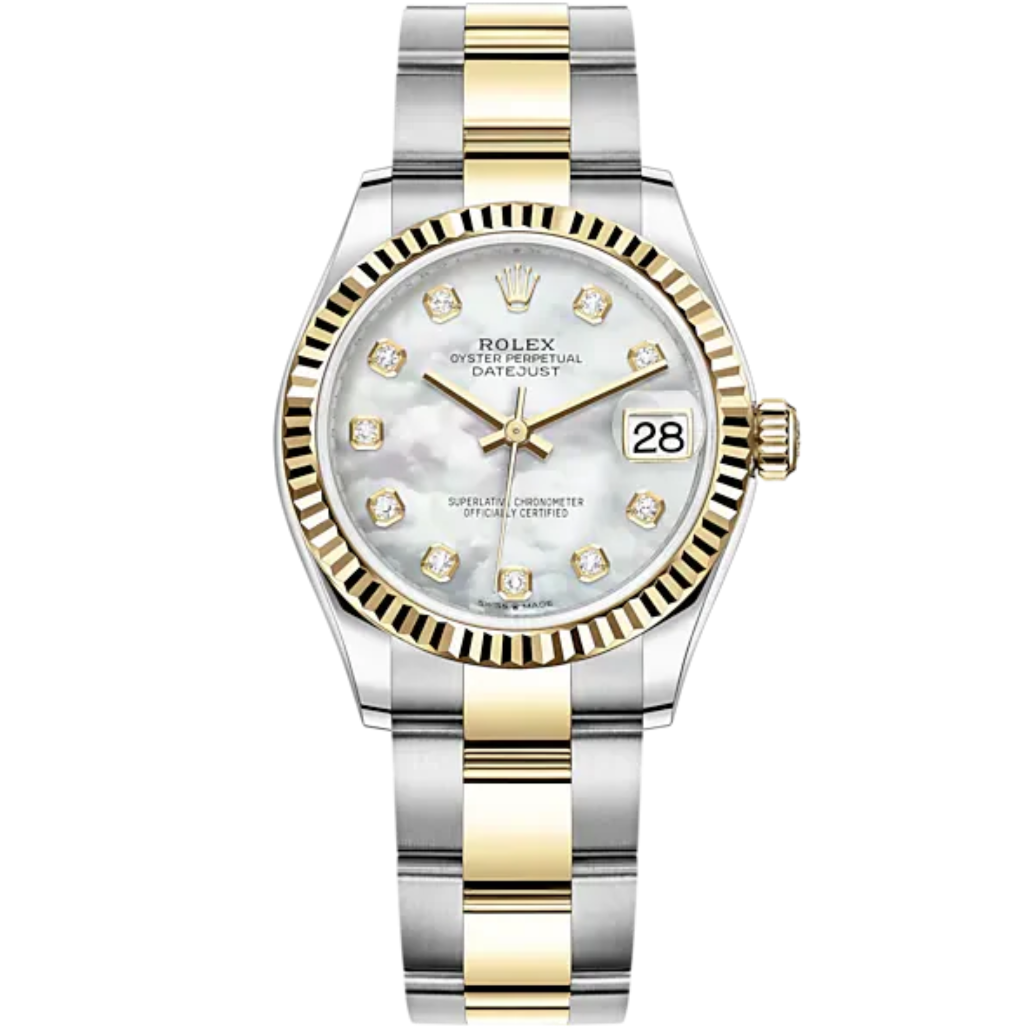 Datejust 31 31mm Oyster Bracelet Oystersteel and Yellow Gold with White Mother-Of-Pearl Diamond-Set Dial Fluted Bezel - Rolex