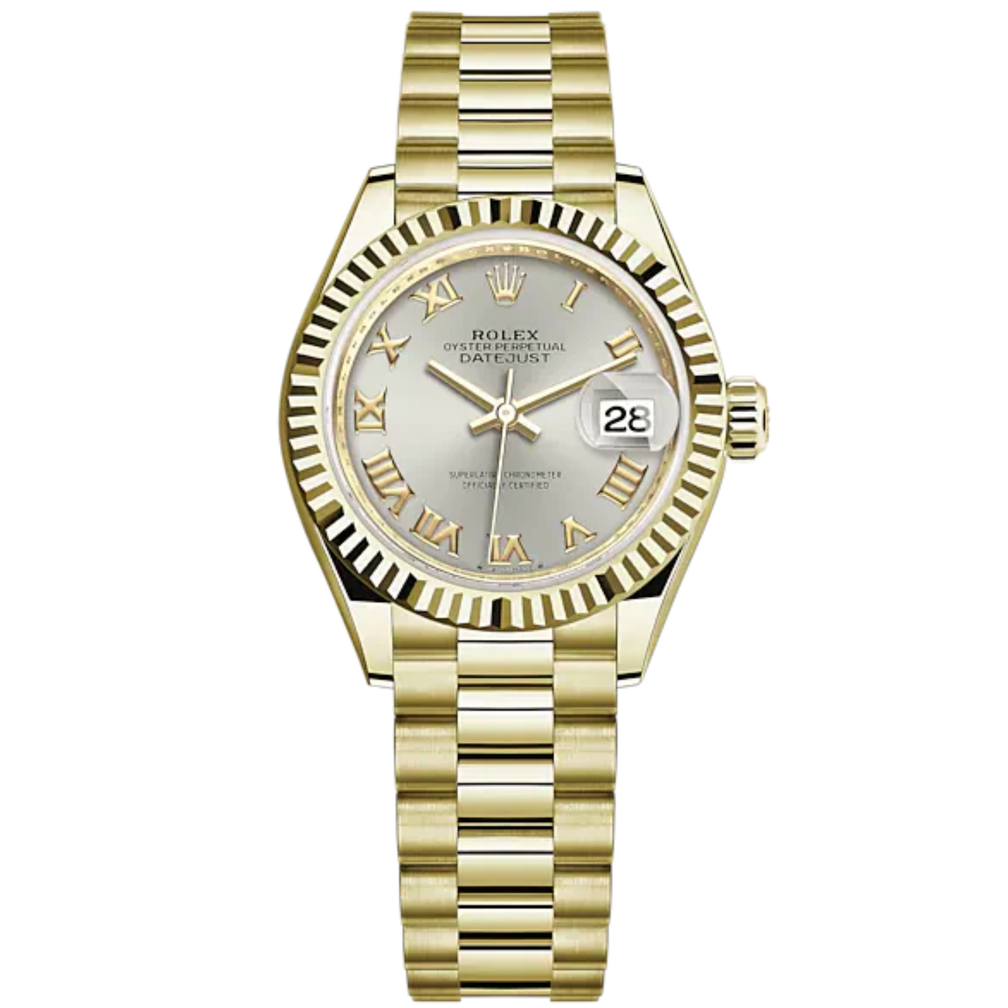 Lady-DateJust 28mm President Bracelet and 18 KT Yellow Gold with Silver Roman Dial Fluted Bezel - Rolex