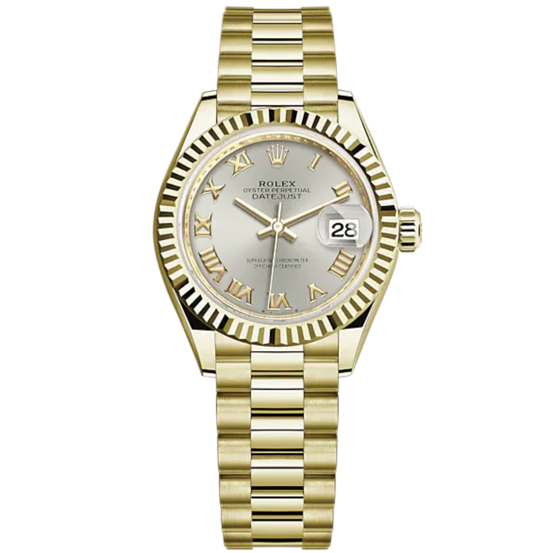 Lady-DateJust 28mm President Bracelet and 18 KT Yellow Gold with Silver Roman Dial Fluted Bezel - Rolex