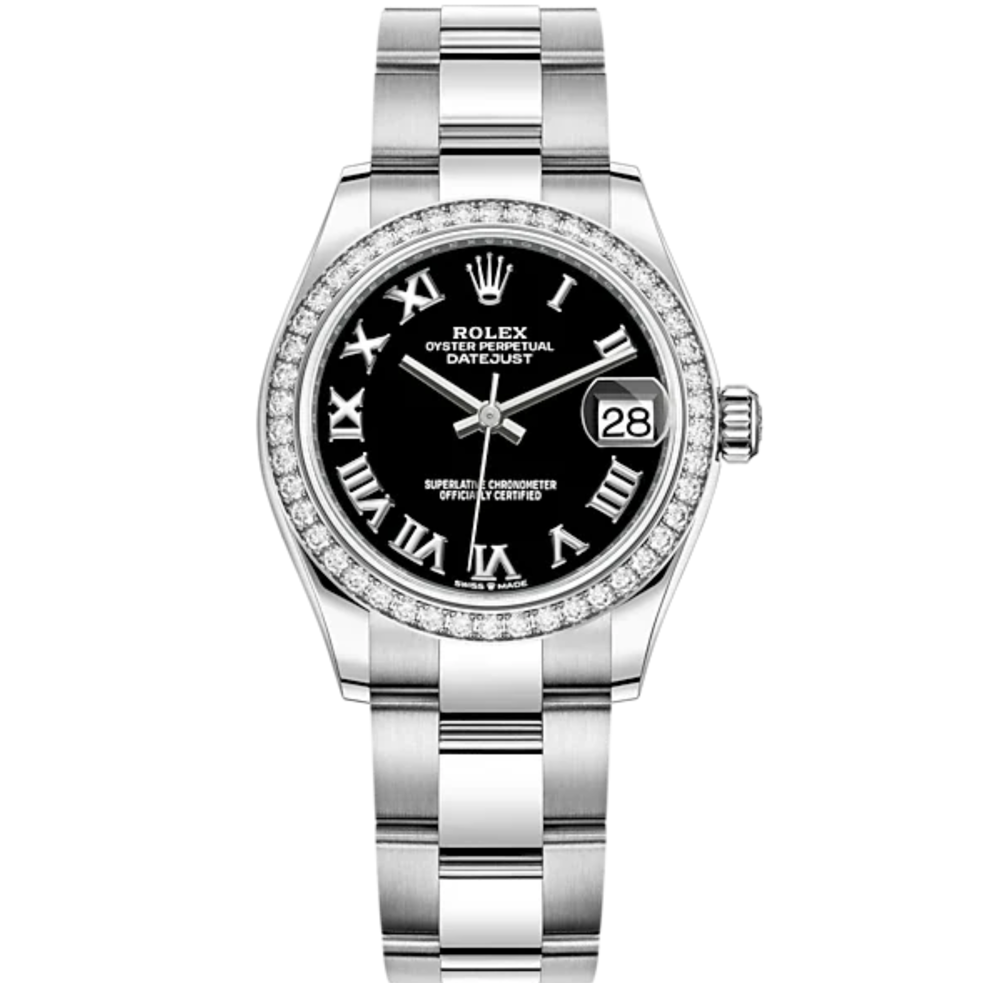 Datejust 31 31mm Oyster Bracelet Oystersteel and White Gold with Bright Black Dial Diamond-Set Bezel - Rolex