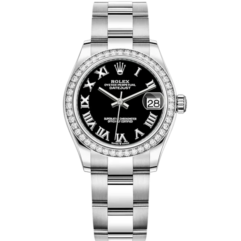Datejust 31 31mm Oyster Bracelet Oystersteel and White Gold with Bright Black Dial Diamond-Set Bezel - Rolex