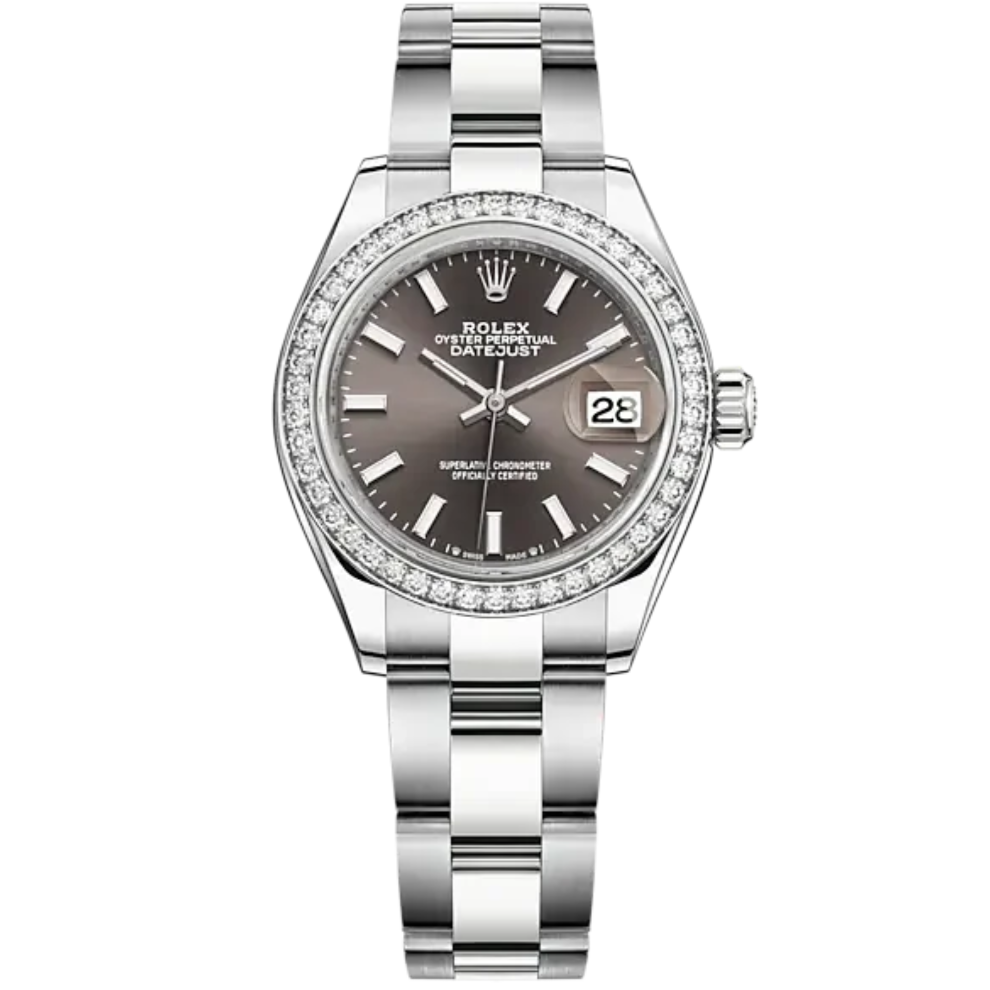 Lady-DateJust 28mm Oyster Oystersteel Bracelet and White Gold with Dark Grey Dial Diamond-Set Bezel - Rolex