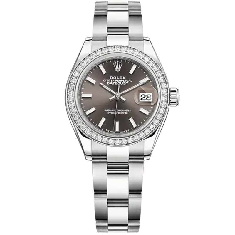 Lady-DateJust 28mm Oyster Oystersteel Bracelet and White Gold with Dark Grey Dial Diamond-Set Bezel - Rolex