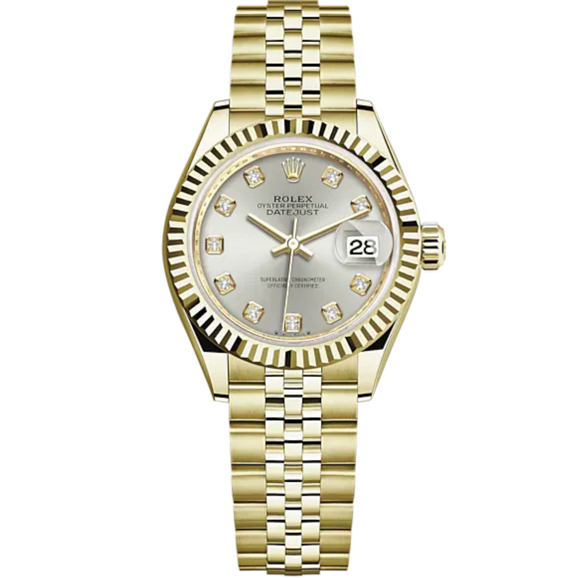 Lady-DateJust 28mm Jubilee Bracelet and 18 KT Yellow Gold with Silver Dial Diamond-Set Dial Fluted Bezel - Rolex