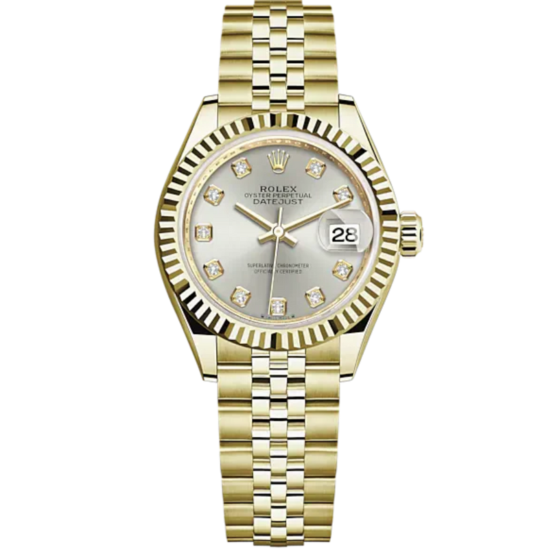 Lady-DateJust 28mm Jubilee Bracelet and 18 KT Yellow Gold with Silver Dial Diamond-Set Dial Fluted Bezel - Rolex