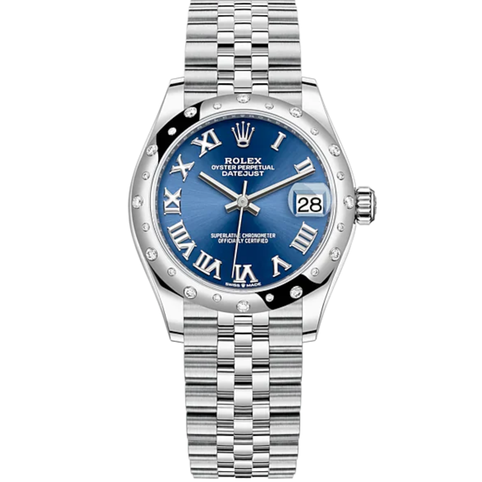 Datejust 31 31mm Jubilee Bracelet Oystersteel and White Gold with Bright Blue Dial Diamond-Set Bezel - Rolex