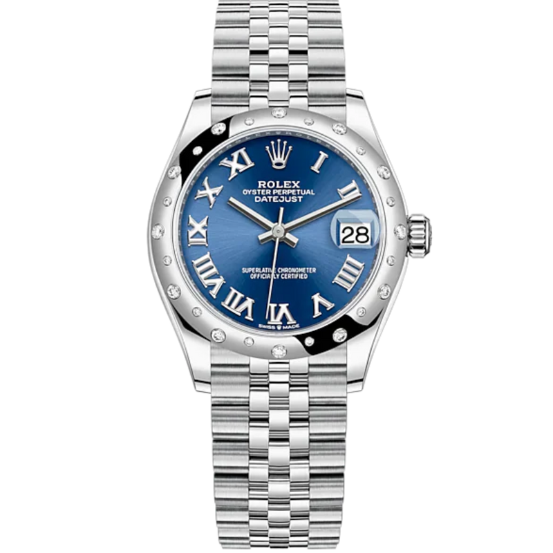 Datejust 31 31mm Jubilee Bracelet Oystersteel and White Gold with Bright Blue Dial Diamond-Set Bezel - Rolex