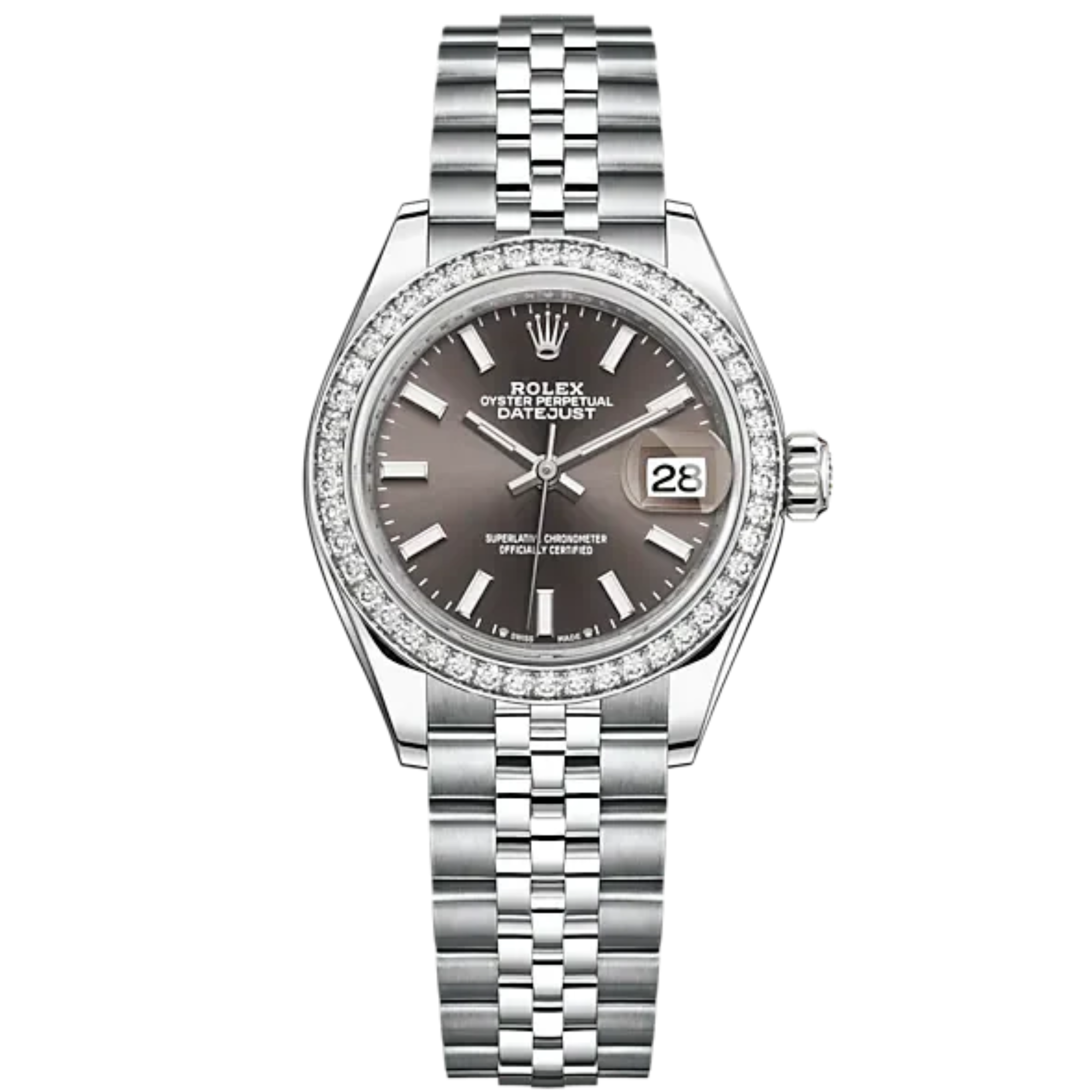 Lady-DateJust 28mm Oystersteel Jubilee Bracelet and White Gold with Dark Grey Dial Diamond-Set Bezel - Rolex
