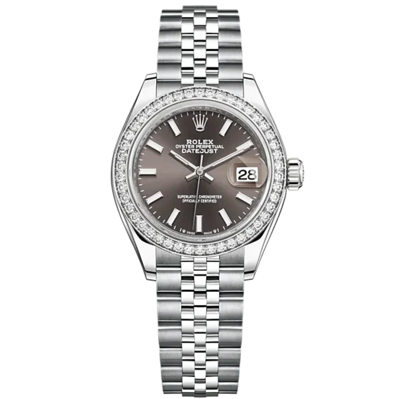 Lady-DateJust 28mm Oystersteel Jubilee Bracelet and White Gold with Dark Grey Dial Diamond-Set Bezel - Rolex