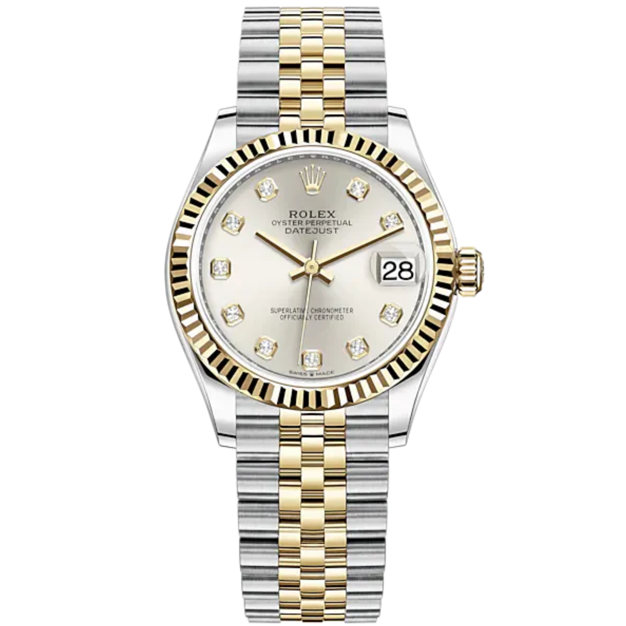 Datejust 31 31mm Jubilee Bracelet Oystersteel and Yellow Gold with Silver Diamond-Set Dial Fluted Bezel - Rolex