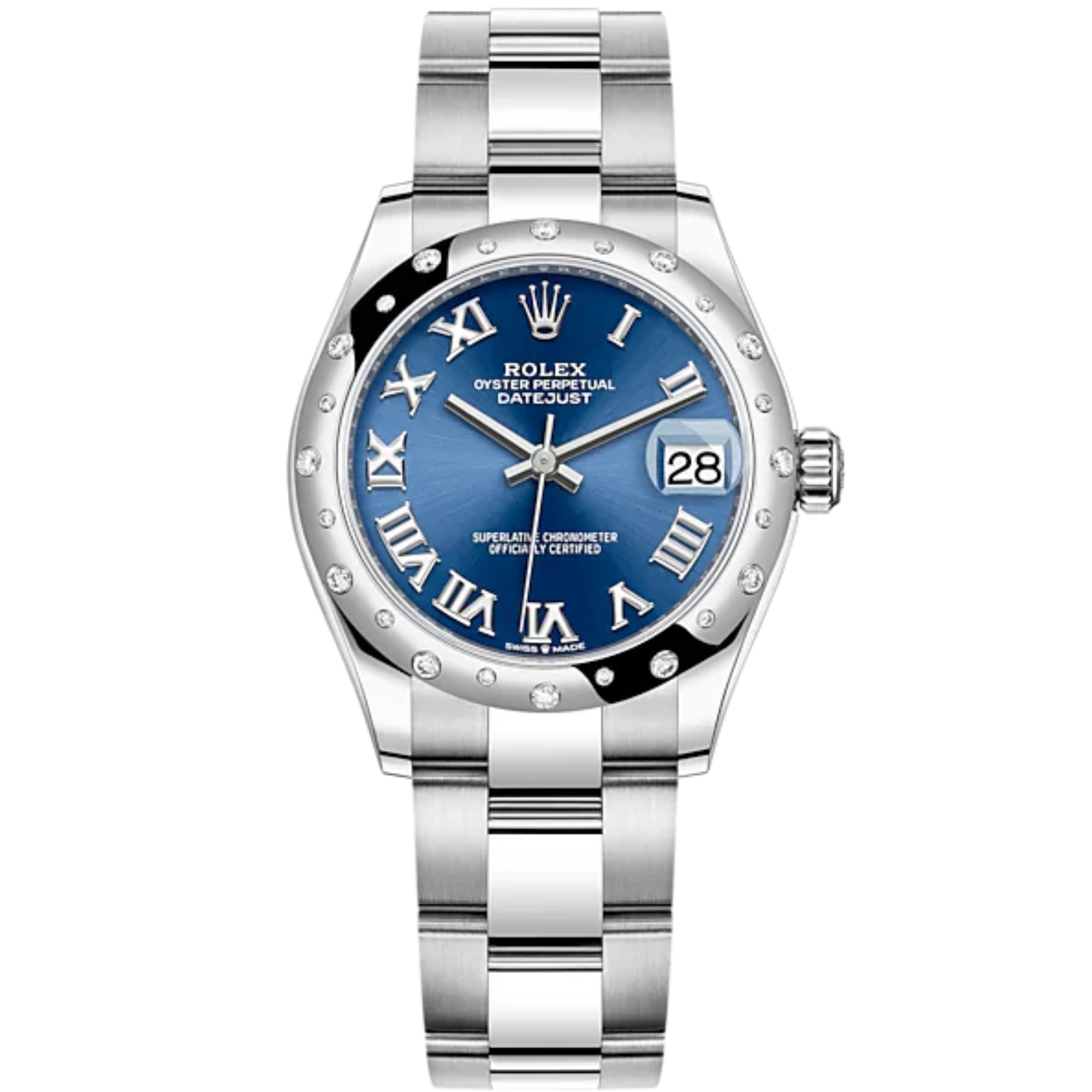 Datejust 31 31mm Oyster Bracelet Oystersteel and White Gold with Bright Blue Dial Diamond-Set Bezel - Rolex