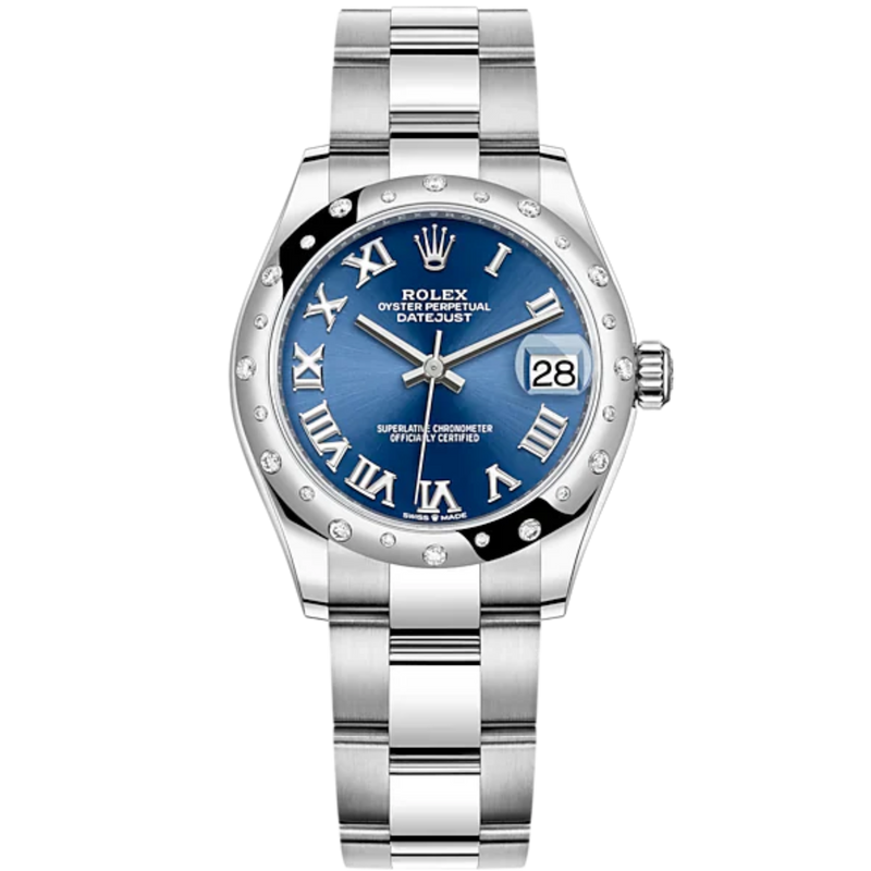 Datejust 31 31mm Oyster Bracelet Oystersteel and White Gold with Bright Blue Dial Diamond-Set Bezel - Rolex