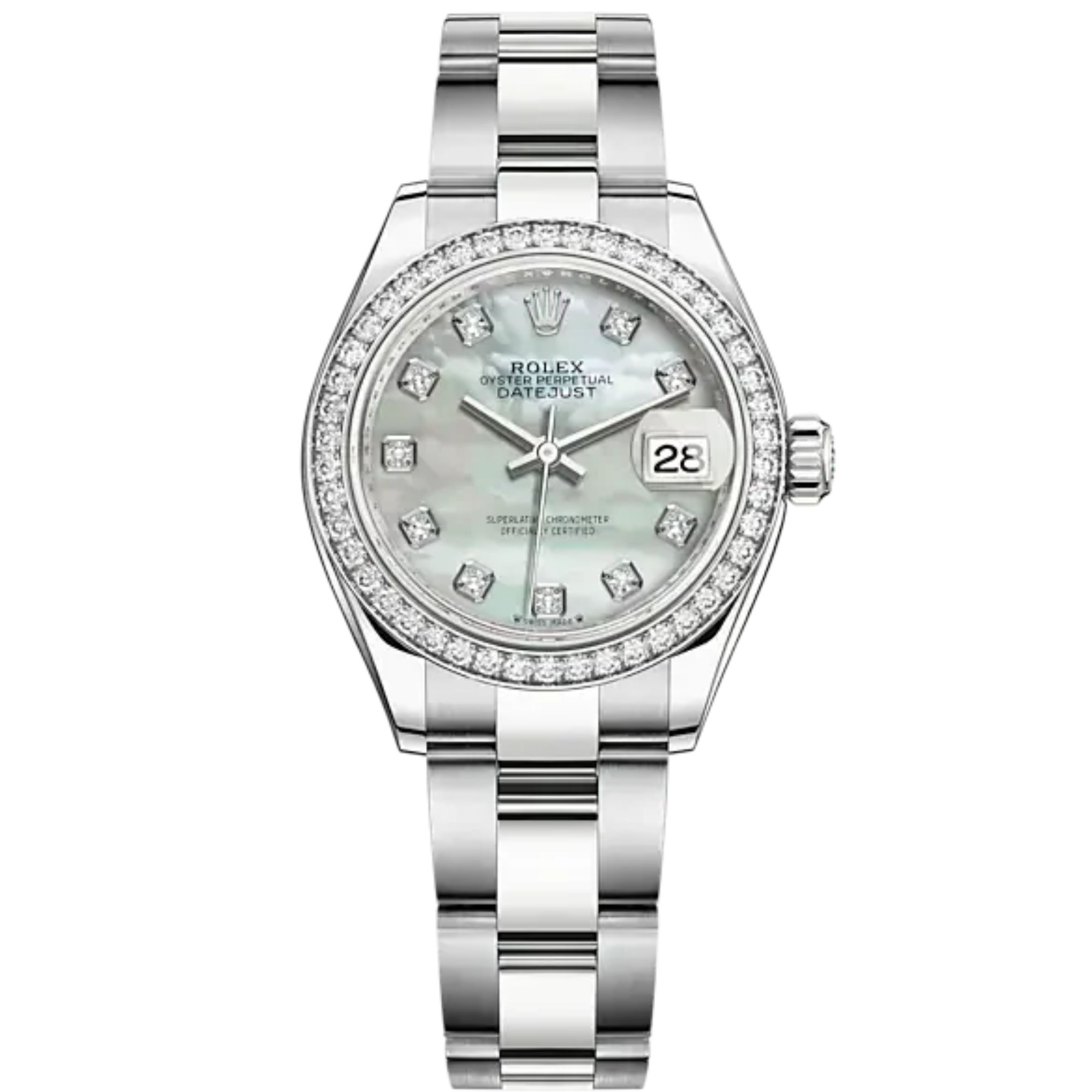 Lady-DateJust 28mm Oyster Oystersteel Bracelet and White Gold with Mother-Of-Pearl Dial Diamond-Set Dial Diamond-Set Bezel - Rolex