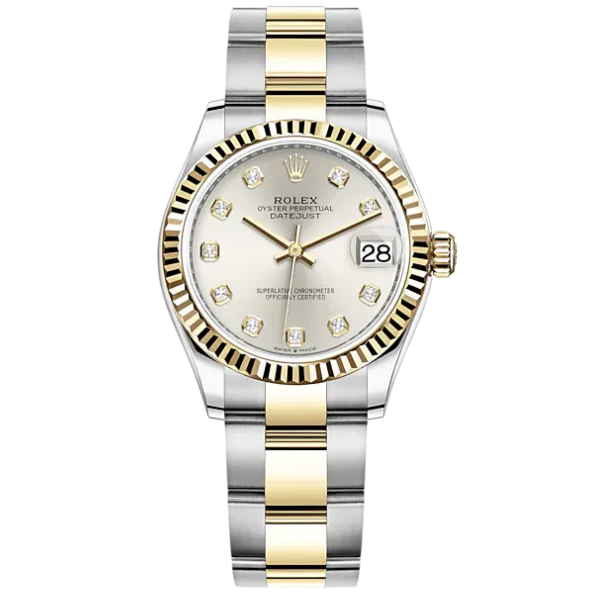 Datejust 31 31mm Oyster Bracelet Oystersteel and Yellow Gold with Silver Diamond-Set Dial Fluted Bezel - Rolex