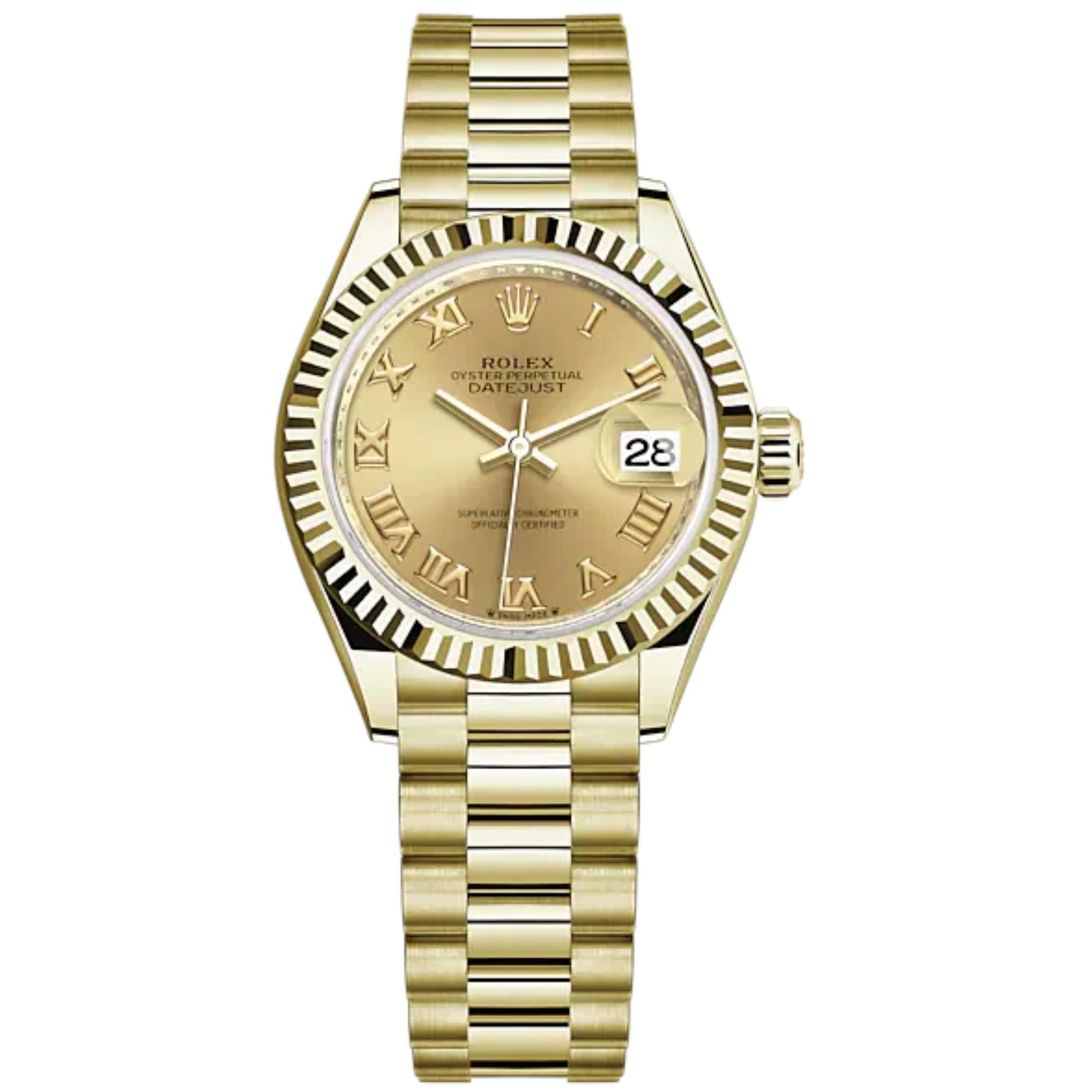 Lady-DateJust 28mm President Bracelet and 18 KT Yellow Gold with Champagne-Colour Dial Fluted Bezel - Rolex