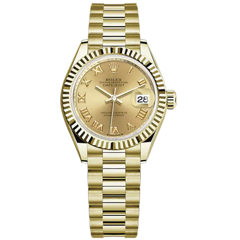 Lady-DateJust 28mm President Bracelet and 18 KT Yellow Gold with Champagne-Colour Dial Fluted Bezel - Rolex