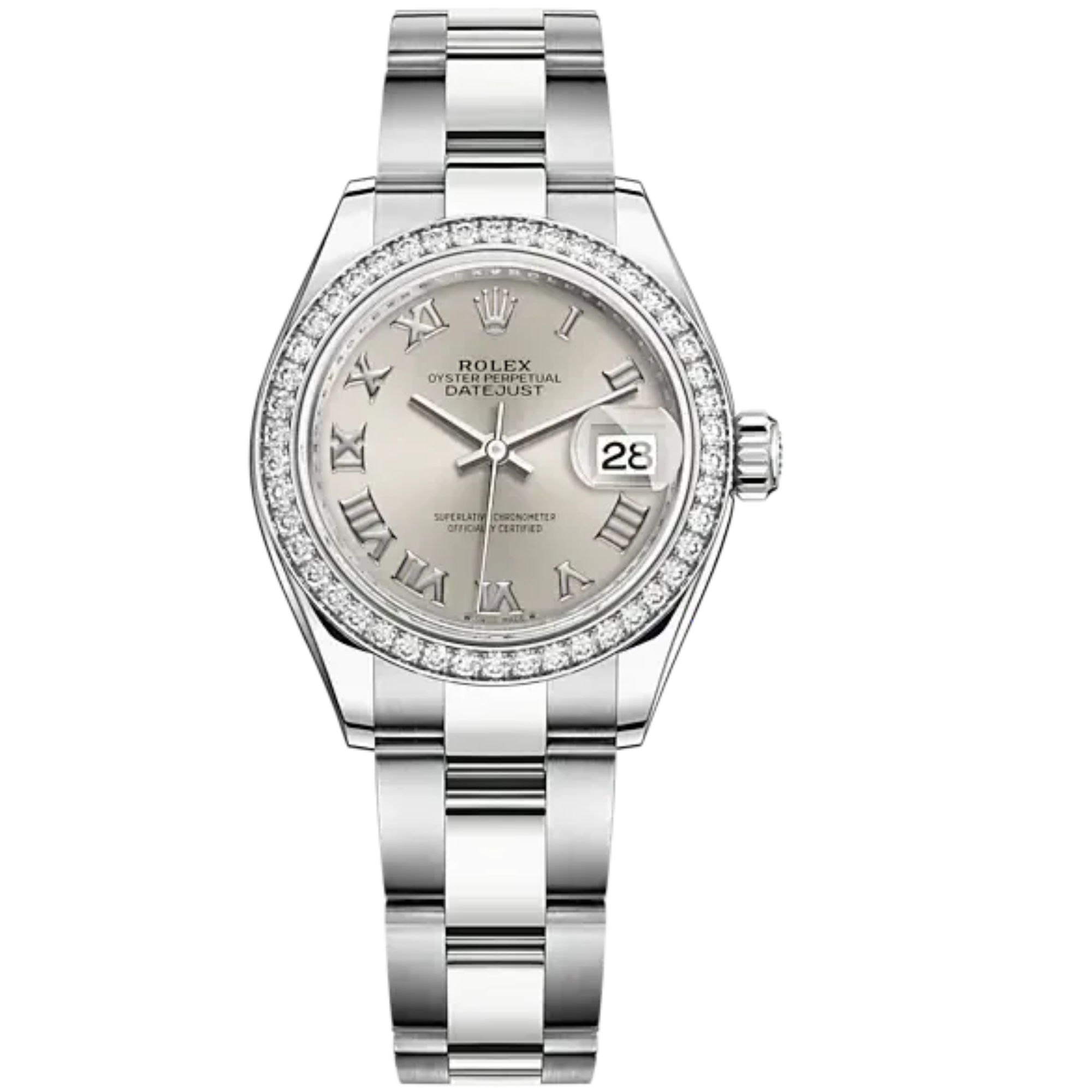 Lady-DateJust 28mm Oyster Oystersteel Bracelet and White Gold with Silver Dial Diamond-Set Bezel - Rolex