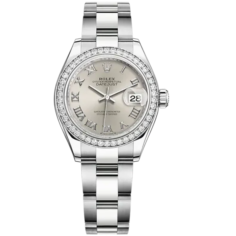 Lady-DateJust 28mm Oyster Oystersteel Bracelet and White Gold with Silver Dial Diamond-Set Bezel - Rolex