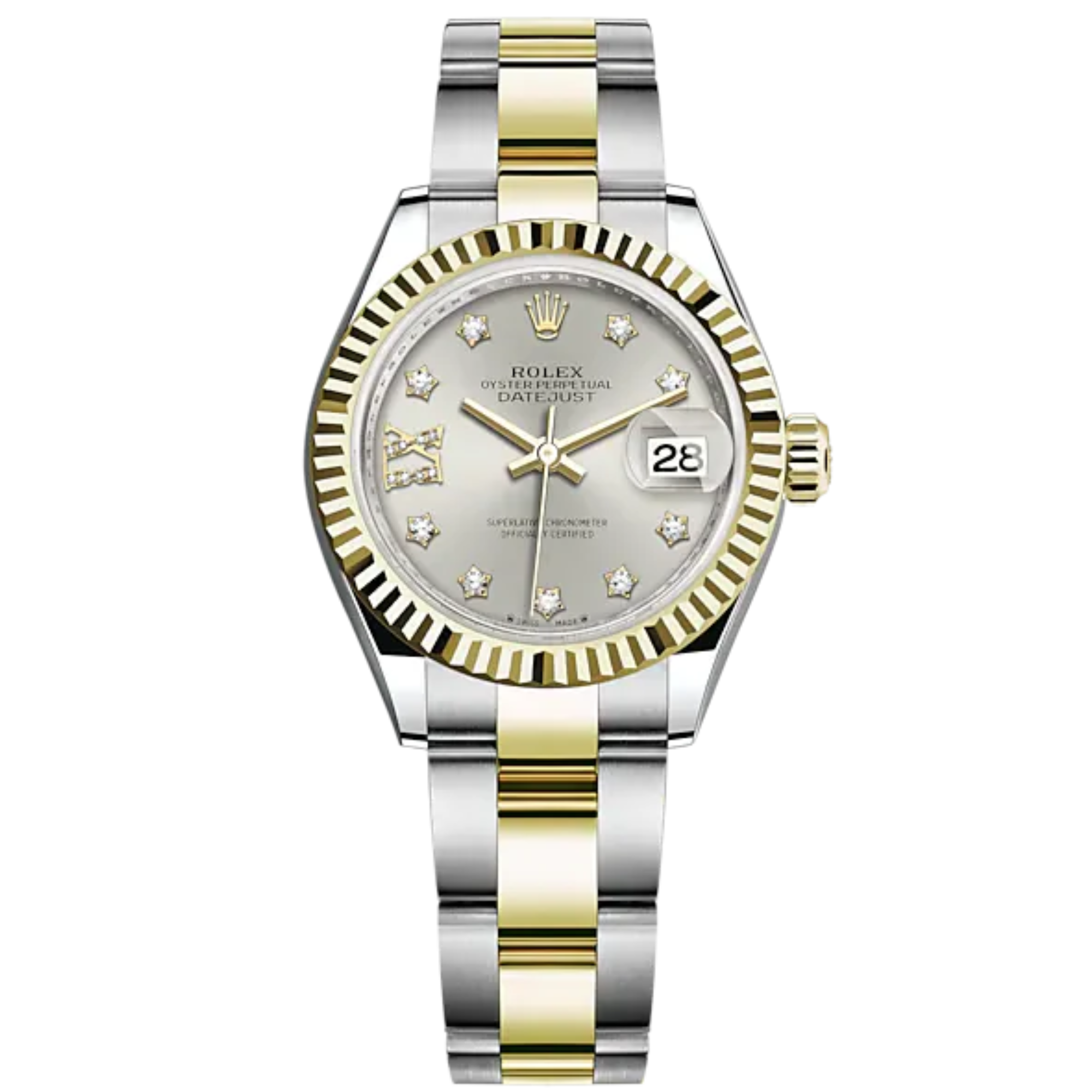Lady-DateJust 28mm Oyster Oystersteel Bracelet and Yellow Gold with Silver Dial Diamond-Set Dial Fluted Bezel - Rolex