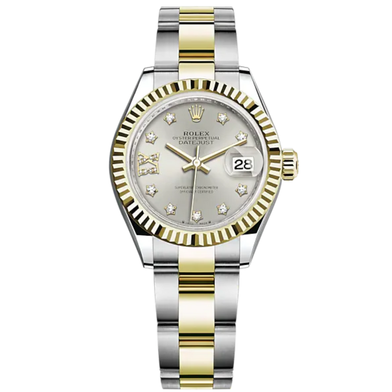 Lady-DateJust 28mm Oyster Oystersteel Bracelet and Yellow Gold with Silver Dial Diamond-Set Dial Fluted Bezel - Rolex